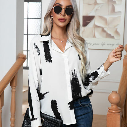 Women's silk chiffon button down shirt Abstract art printed long-sleeved shirt V-neck lapel blouse