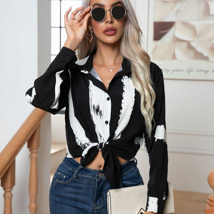 Women's silk chiffon button down shirt Abstract art printed long-sleeved shirt V-neck lapel blouse