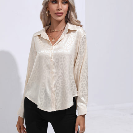 Women's Flip Collar Faux Satin Silk Shirt, Leopard Jacquard Collar Loose Shirt OL Shirt Office Casual Tops