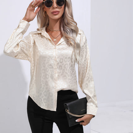 Women's Flip Collar Faux Satin Silk Shirt, Leopard Jacquard Collar Loose Shirt OL Shirt Office Casual Tops