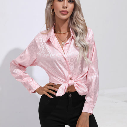 Women's Flip Collar Faux Satin Silk Shirt, Leopard Jacquard Collar Loose Shirt OL Shirt Office Casual Tops