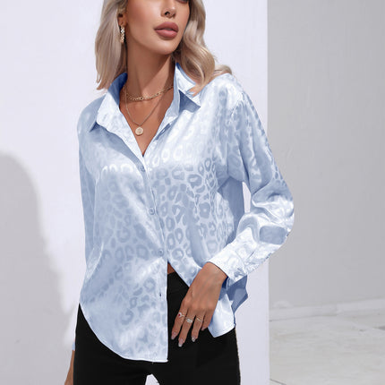 Women's Flip Collar Faux Satin Silk Shirt, Leopard Jacquard Collar Loose Shirt OL Shirt Office Casual Tops