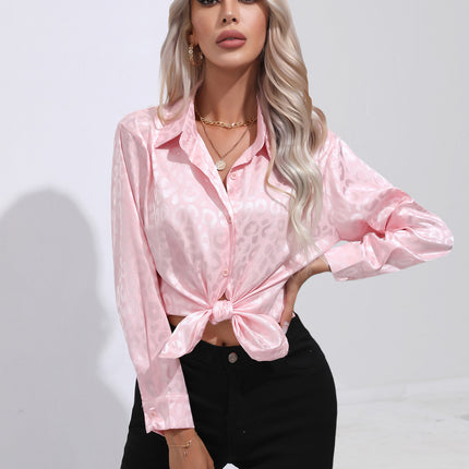 Women's Flip Collar Faux Satin Silk Shirt, Leopard Jacquard Collar Loose Shirt OL Shirt Office Casual Tops