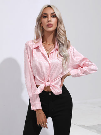 Women's Flip Collar Faux Satin Silk Shirt, Leopard Jacquard Collar Loose Shirt OL Shirt Office Casual Tops