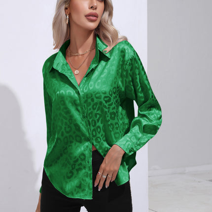 Women's Flip Collar Faux Satin Silk Shirt, Leopard Jacquard Collar Loose Shirt OL Shirt Office Casual Tops