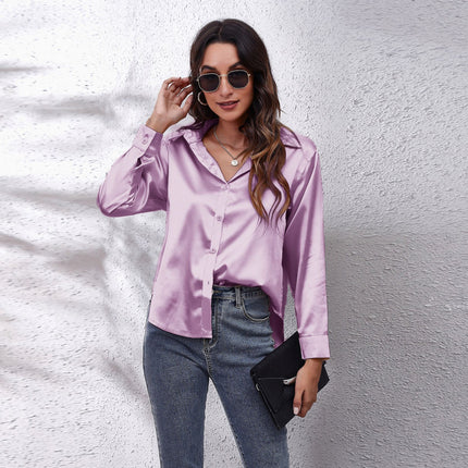 Women's Long Sleeve Simulated Silk Shirt Satin Women's Shirt Real Silk Shirt Women's Loose Shirt