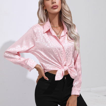 Women's Flip Collar Faux Satin Silk Shirt, Leopard Jacquard Collar Loose Shirt OL Shirt Office Casual Tops