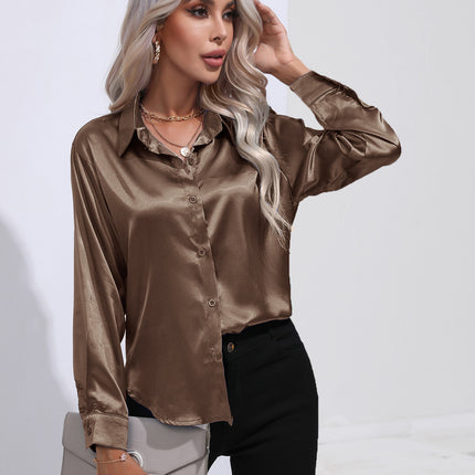 Women's denim shirt Satin shirt Women's satin simulation silk long-sleeved shirt Spring and summer European shirt