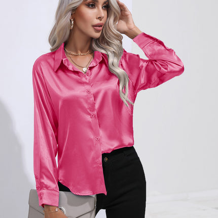 Women's denim shirt Satin shirt Women's satin simulation silk long-sleeved shirt Spring and summer European shirt