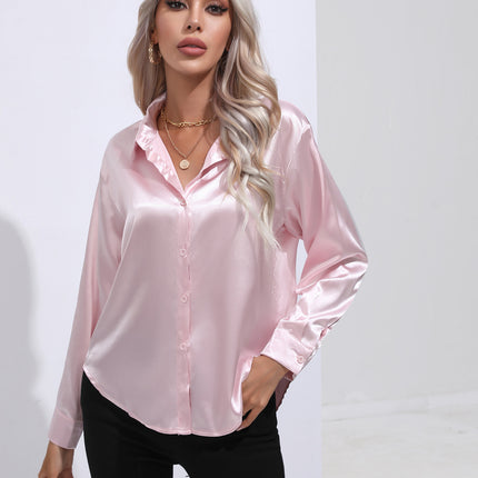 Women's denim shirt Satin shirt Women's satin simulation silk long-sleeved shirt Spring and summer European shirt