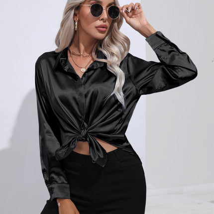 Women's denim shirt Satin shirt Women's satin simulation silk long-sleeved shirt Spring and summer European shirt