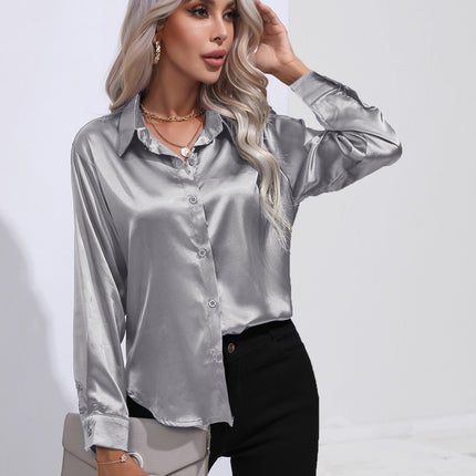 Women's denim shirt Satin shirt Women's satin simulation silk long-sleeved shirt Spring and summer European shirt