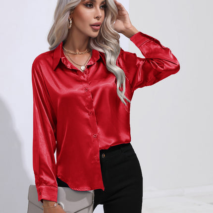 Women's denim shirt Satin shirt Women's satin simulation silk long-sleeved shirt Spring and summer European shirt