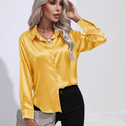 Women's denim shirt Satin shirt Women's satin simulation silk long-sleeved shirt Spring and summer European shirt