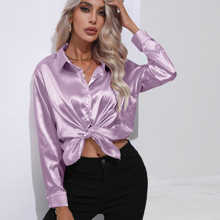 Women's denim shirt Satin shirt Women's satin simulation silk long-sleeved shirt Spring and summer European shirt