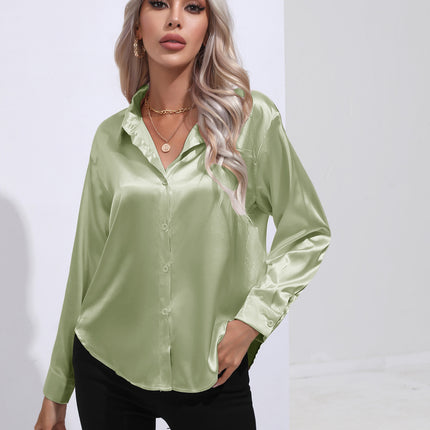 Women's denim shirt Satin shirt Women's satin simulation silk long-sleeved shirt Spring and summer European shirt