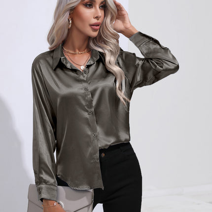 Women's denim shirt Satin shirt Women's satin simulation silk long-sleeved shirt Spring and summer European shirt