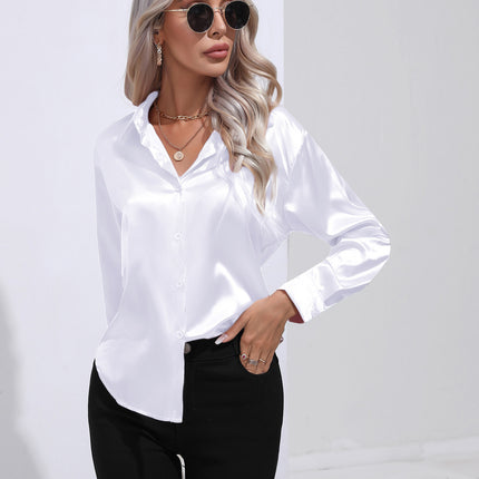 Women's denim shirt Satin shirt Women's satin simulation silk long-sleeved shirt Spring and summer European shirt