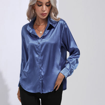 Women's denim shirt Satin shirt Women's satin simulation silk long-sleeved shirt Spring and summer European shirt