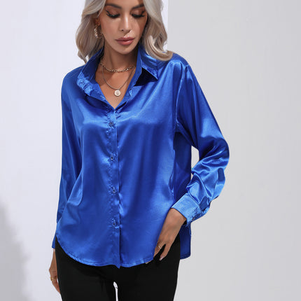 Women's denim shirt Satin shirt Women's satin simulation silk long-sleeved shirt Spring and summer European shirt