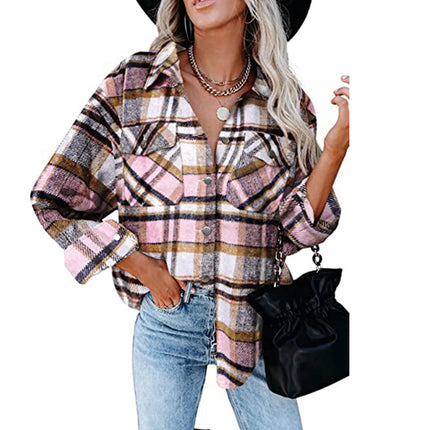 Women's plaid cardigan single-breasted long-sleeved shirt jacket fall and winter tweed jacket loose fashion shirt