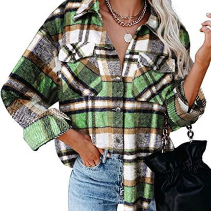 Women's plaid cardigan single-breasted long-sleeved shirt jacket fall and winter tweed jacket loose fashion shirt