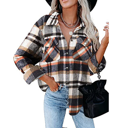 Women's plaid cardigan single-breasted long-sleeved shirt jacket fall and winter tweed jacket loose fashion shirt