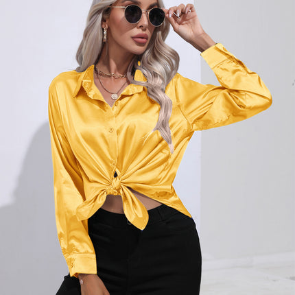 Women's denim shirt Satin shirt Women's satin simulation silk long-sleeved shirt Spring and summer European shirt