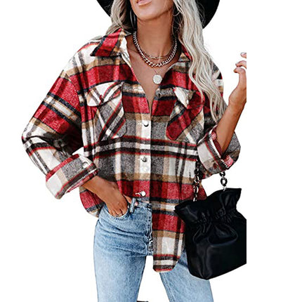 Women's plaid cardigan single-breasted long-sleeved shirt jacket fall and winter tweed jacket loose fashion shirt