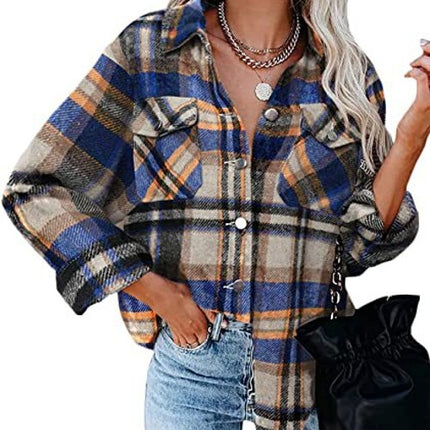 Women's plaid cardigan single-breasted long-sleeved shirt jacket fall and winter tweed jacket loose fashion shirt