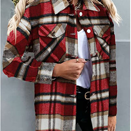 Women's plaid cardigan single-breasted long-sleeved shirt jacket fall and winter tweed jacket loose fashion shirt