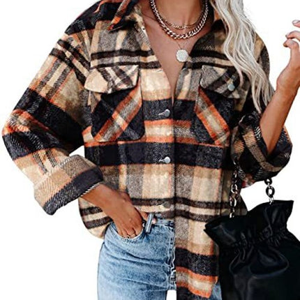 Women's plaid cardigan single-breasted long-sleeved shirt jacket fall and winter tweed jacket loose fashion shirt