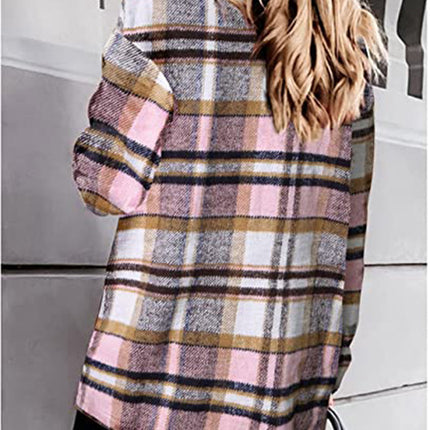 Women's plaid cardigan single-breasted long-sleeved shirt jacket fall and winter tweed jacket loose fashion shirt