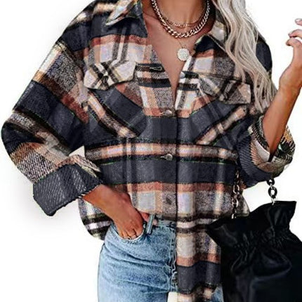 Women's plaid cardigan single-breasted long-sleeved shirt jacket fall and winter tweed jacket loose fashion shirt