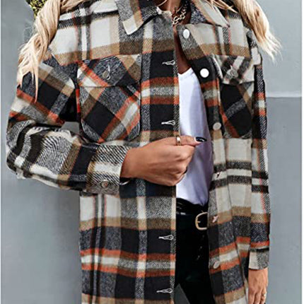 Women's plaid cardigan single-breasted long-sleeved shirt jacket fall and winter tweed jacket loose fashion shirt