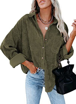 Women's Corduroy Shirt Blouse Long Sleeve Button Fashion Cardigan With Pockets Casual Loose Large Size Tops