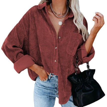 Women's Corduroy Shirt Blouse Long Sleeve Button Fashion Cardigan With Pockets Casual Loose Large Size Tops