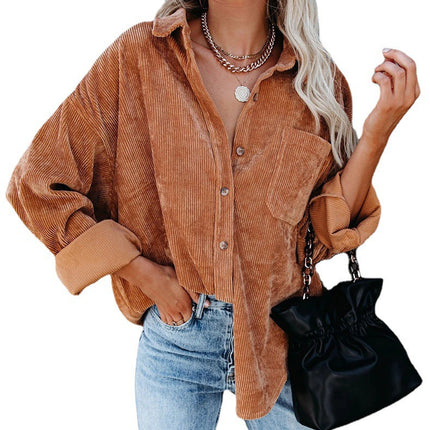 Women's Corduroy Shirt Blouse Long Sleeve Button Fashion Cardigan With Pockets Casual Loose Large Size Tops