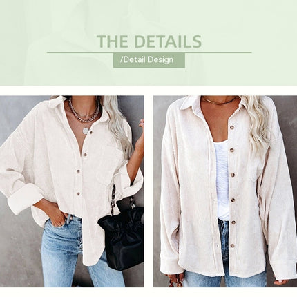 Women's Corduroy Shirt Blouse Long Sleeve Button Fashion Cardigan With Pockets Casual Loose Large Size Tops