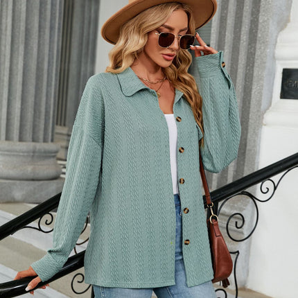 Women's Spring and Autumn Cardigan Plain Casual Jacket Button Down Shirt Solid Color Lapel Loose Top