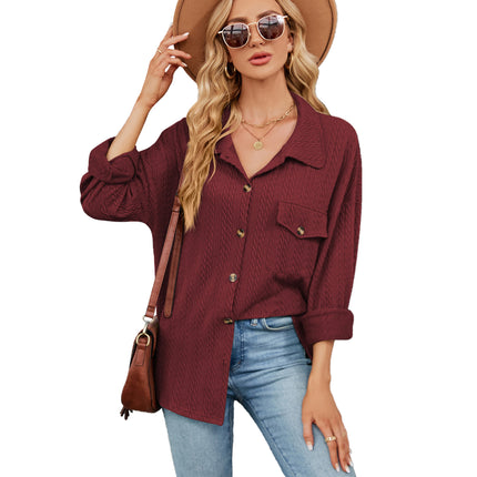 Women's Spring and Autumn Cardigan Plain Casual Jacket Button Down Shirt Solid Color Lapel Loose Top