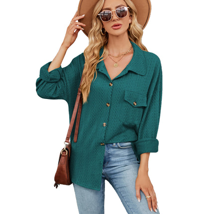 Women's Spring and Autumn Cardigan Plain Casual Jacket Button Down Shirt Solid Color Lapel Loose Top