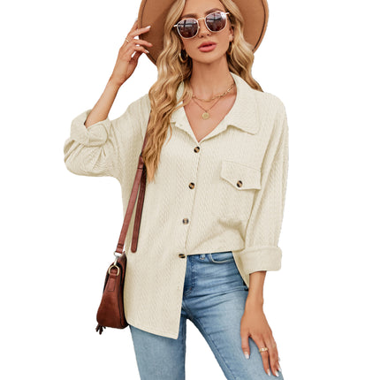 Women's Spring and Autumn Cardigan Plain Casual Jacket Button Down Shirt Solid Color Lapel Loose Top