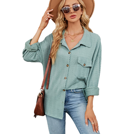 Women's Spring and Autumn Cardigan Plain Casual Jacket Button Down Shirt Solid Color Lapel Loose Top