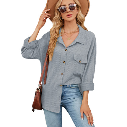 Women's Spring and Autumn Cardigan Plain Casual Jacket Button Down Shirt Solid Color Lapel Loose Top