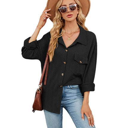 Women's Spring and Autumn Cardigan Plain Casual Jacket Button Down Shirt Solid Color Lapel Loose Top