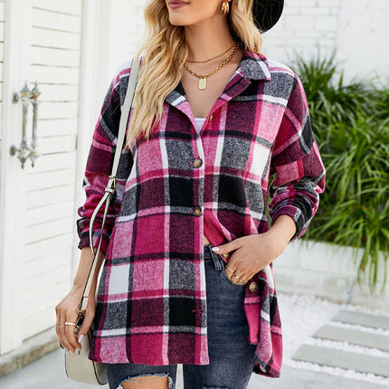 Women's casual plaid long-sleeved shirt fall and winter models buttons tweed thin jacket with pockets casual tops