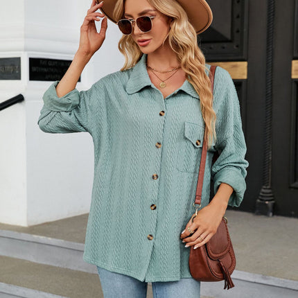 Women's Spring and Autumn Cardigan Plain Casual Jacket Button Down Shirt Solid Color Lapel Loose Top