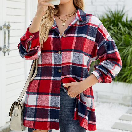 Women's casual plaid long-sleeved shirt fall and winter models buttons tweed thin jacket with pockets casual tops