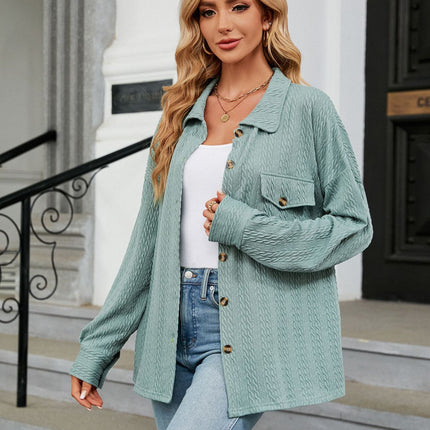 Women's Spring and Autumn Cardigan Plain Casual Jacket Button Down Shirt Solid Color Lapel Loose Top